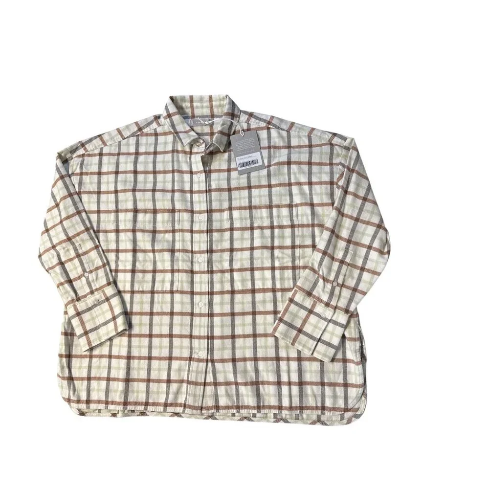 Everlane The Boxy Flannel Top~Size S~Tan Green Plaid Long Sleeve Shirt NWT L3 42 - Picture 5 of 8
